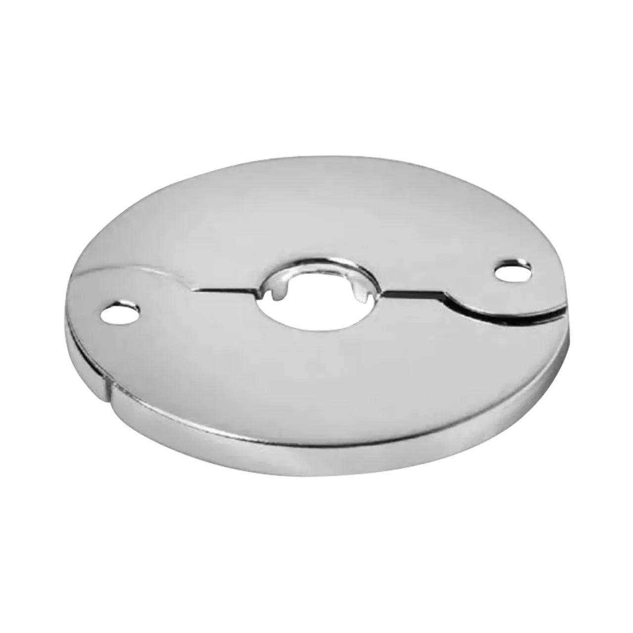 The Go Build 1/2 in. Copper Tube Size Flange Escutcheon Plate is a chrome plated steel cover with two screw holes, designed to protect and conceal plumbing connections around 1/2 in. copper tubing.